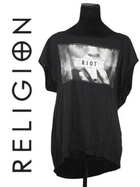 Religion Black Sleeveless Graphic T-Shirt Size Medium